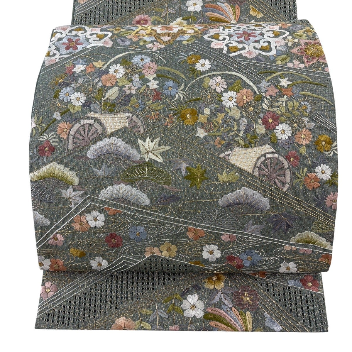 美品】 袋帯 逸品 華文 花車 刺繍 金銀糸 灰緑 六通 正絹｜中古・古着