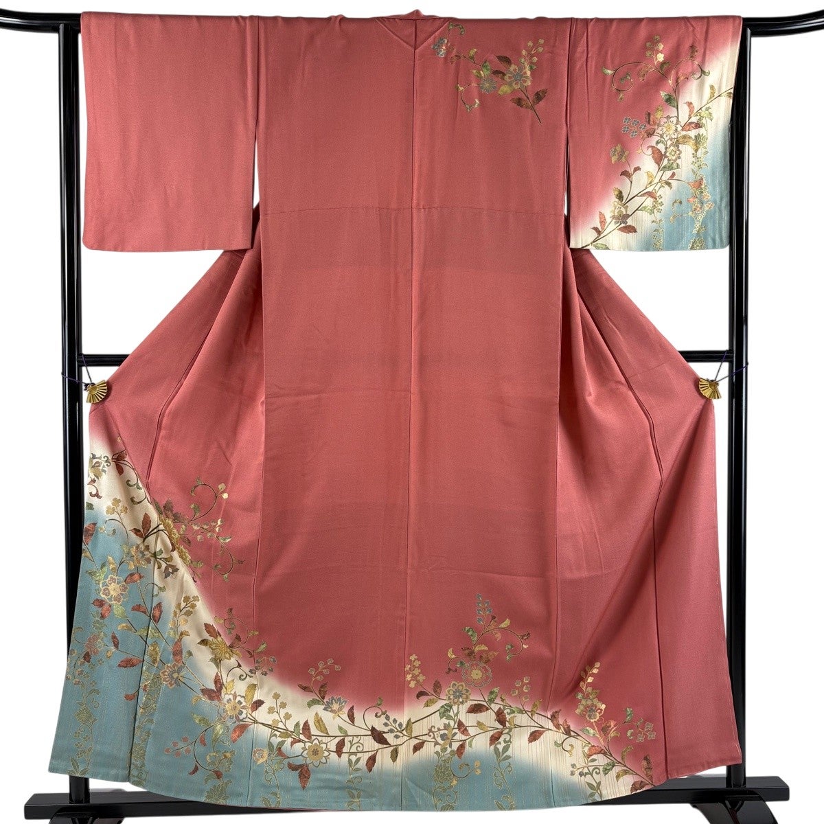 訪問着 身丈158cm 裄丈63.5cm S 袷 花唐草 縦縞 螺鈿 金彩 ピンク 正絹