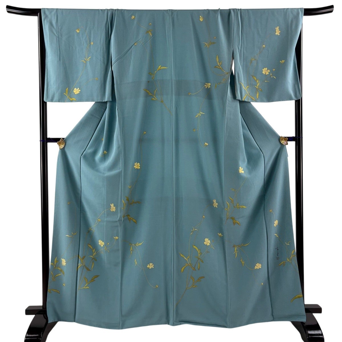 付下げ 身丈166cm 裄丈69cm L 袷 落款あり 草花 水色 正絹 秀品｜中古