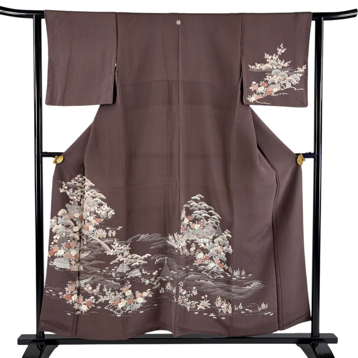 美品】 名古屋帯 秀品 家屋 織り機 金彩 縮緬 青緑 正絹｜中古・古着