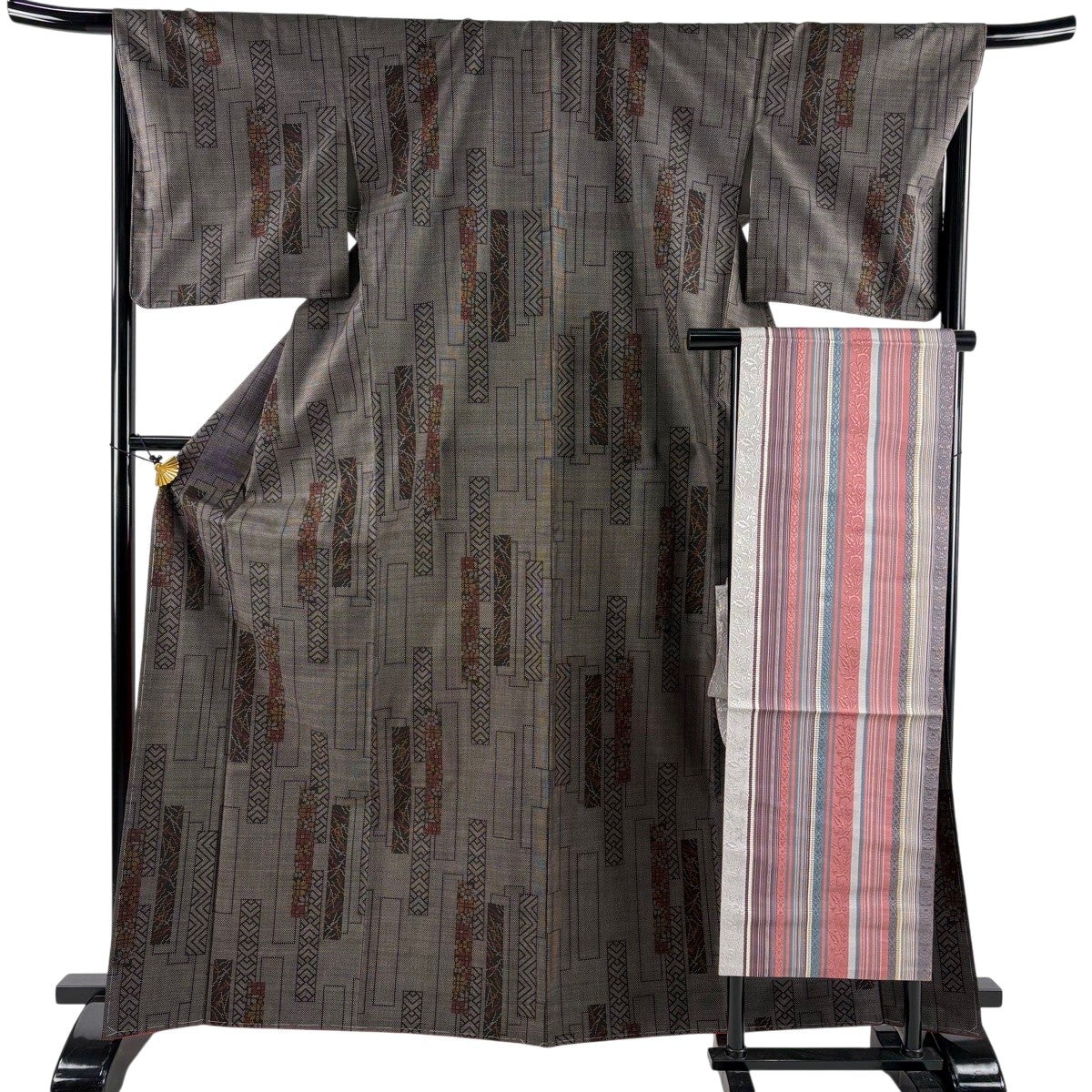 美品】 大島紬 身丈167.5cm 裄丈68cm L 袷 名古屋帯セット 純泥染 証紙