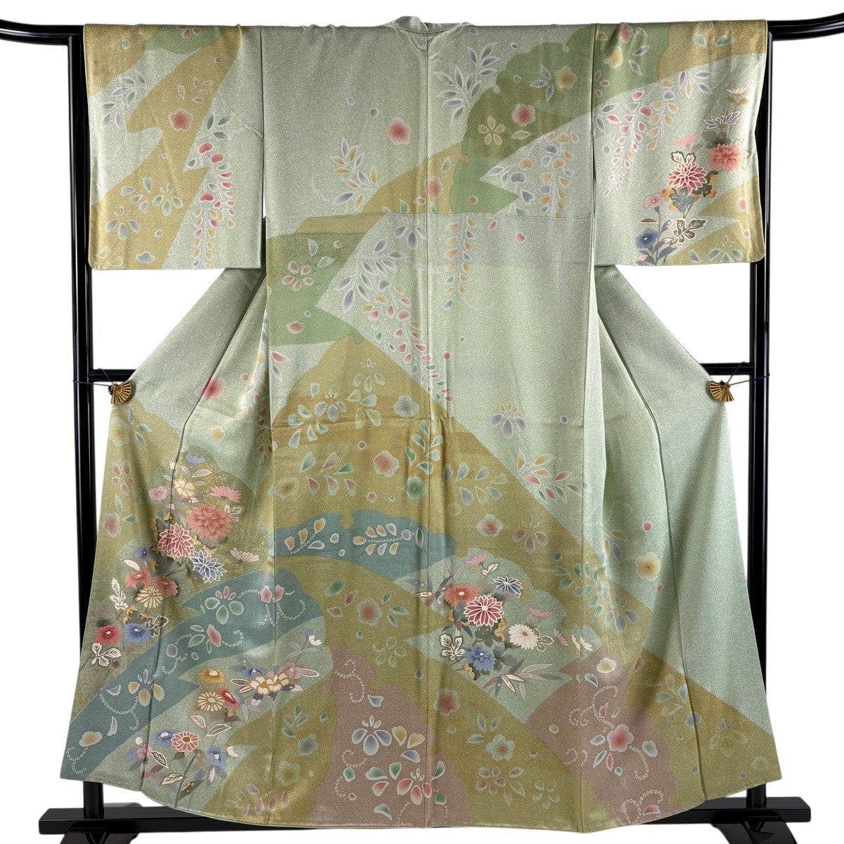 訪問着 身丈157cm 裄丈65.5cm M 袷 草花 雪輪 金彩 染め分け 薄緑 正絹