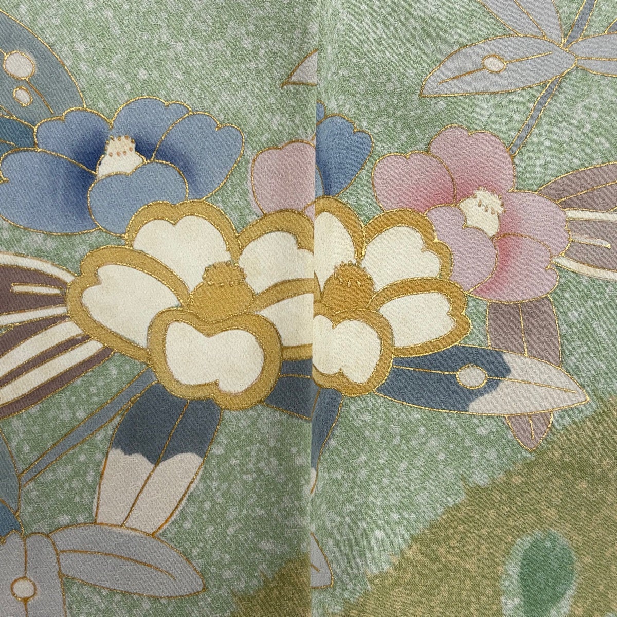 訪問着 身丈157cm 裄丈65.5cm M 袷 草花 雪輪 金彩 染め分け 薄緑 正絹