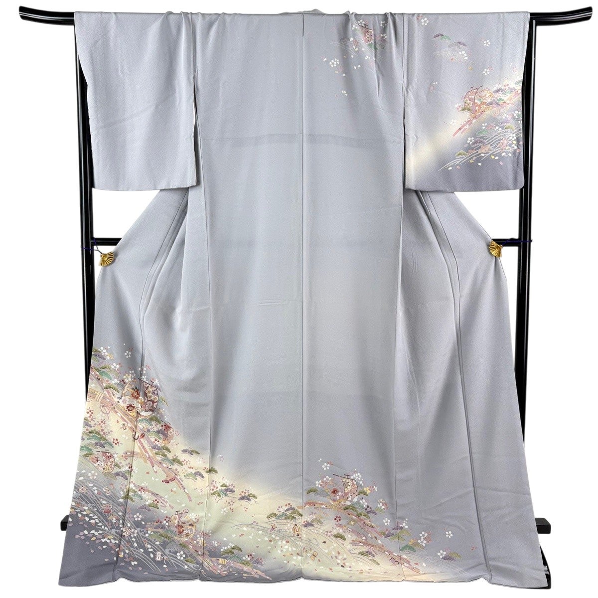 訪問着 身丈175.5cm 裄丈68.5cm L 袷 宝尽くし 帆 金糸 金銀彩 灰紫