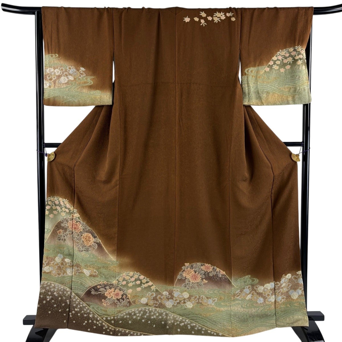 美品】 訪問着 身丈165cm 裄丈65.5cm M 袷 山並み 草花 金銀彩 絞り
