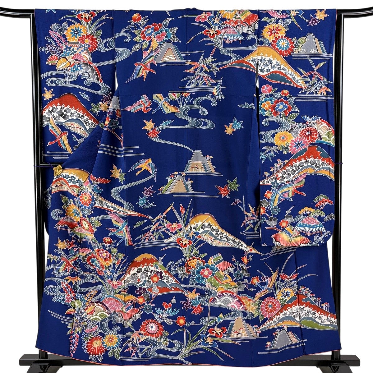 振袖 身丈158cm 裄丈64cm M 袷 草花 山 青紫 正絹 名品｜中古・古着