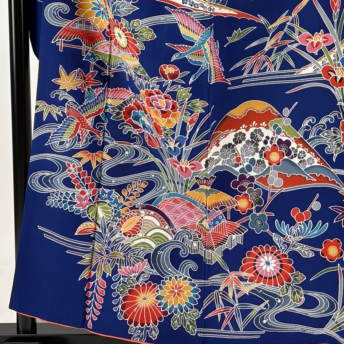 振袖 身丈158cm 裄丈64cm M 袷 草花 山 青紫 正絹 名品｜中古・古着