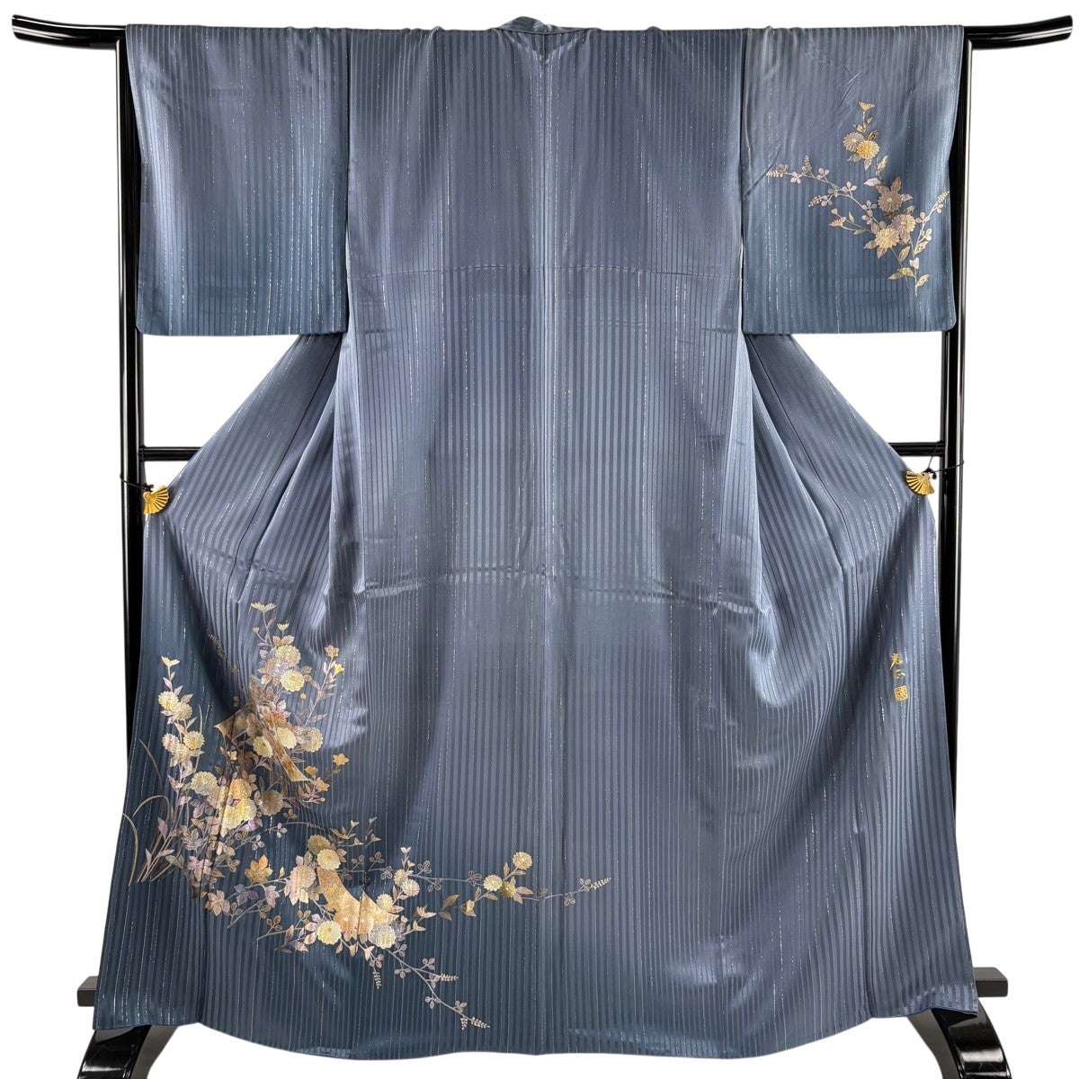 付下げ 身丈161cm 裄丈67cm L 袷 草野一騎 落款あり 枝花 金銀彩