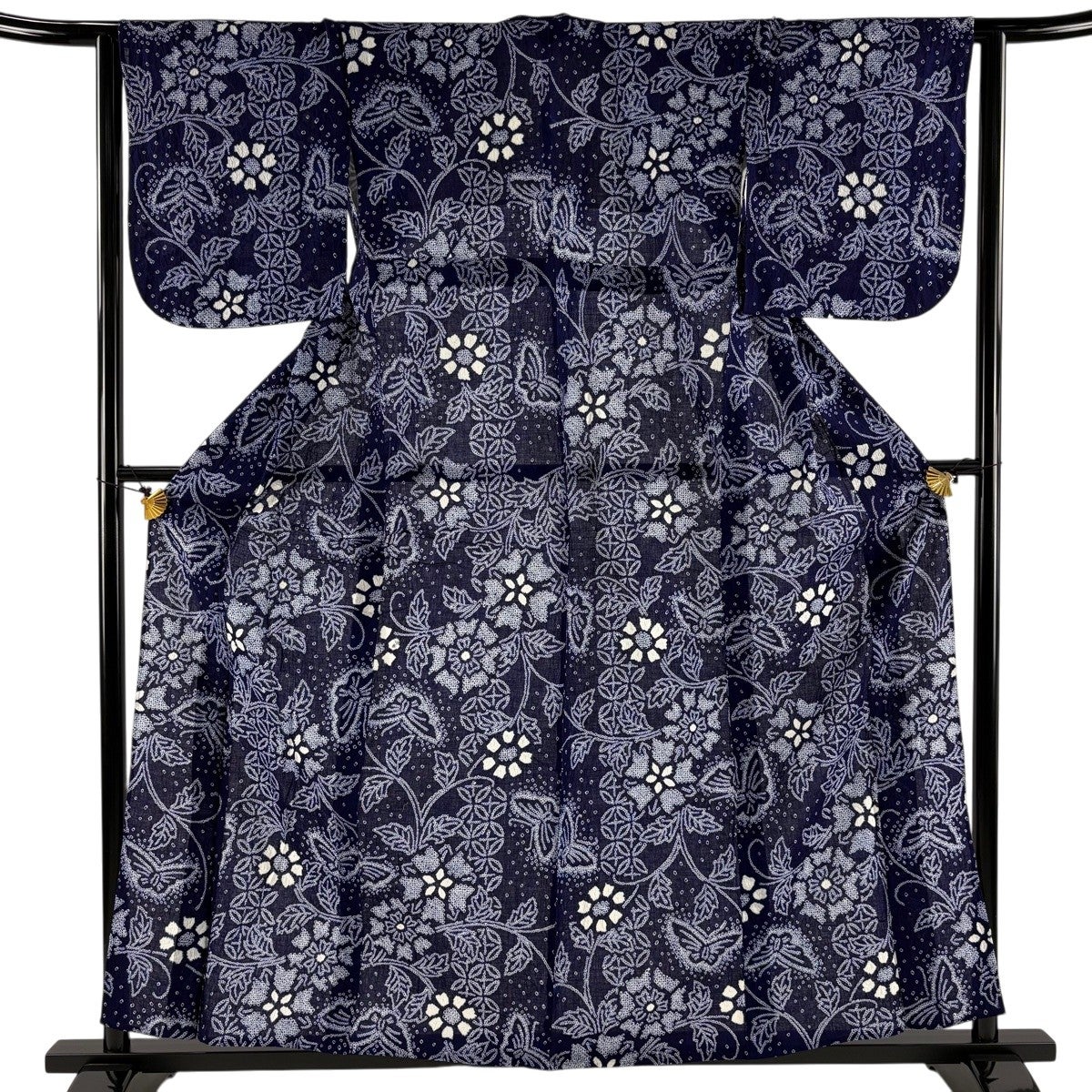 美品】 浴衣 身丈154cm 裄丈63cm S 絞り浴衣 蝶 草花 青緑 綿 名品