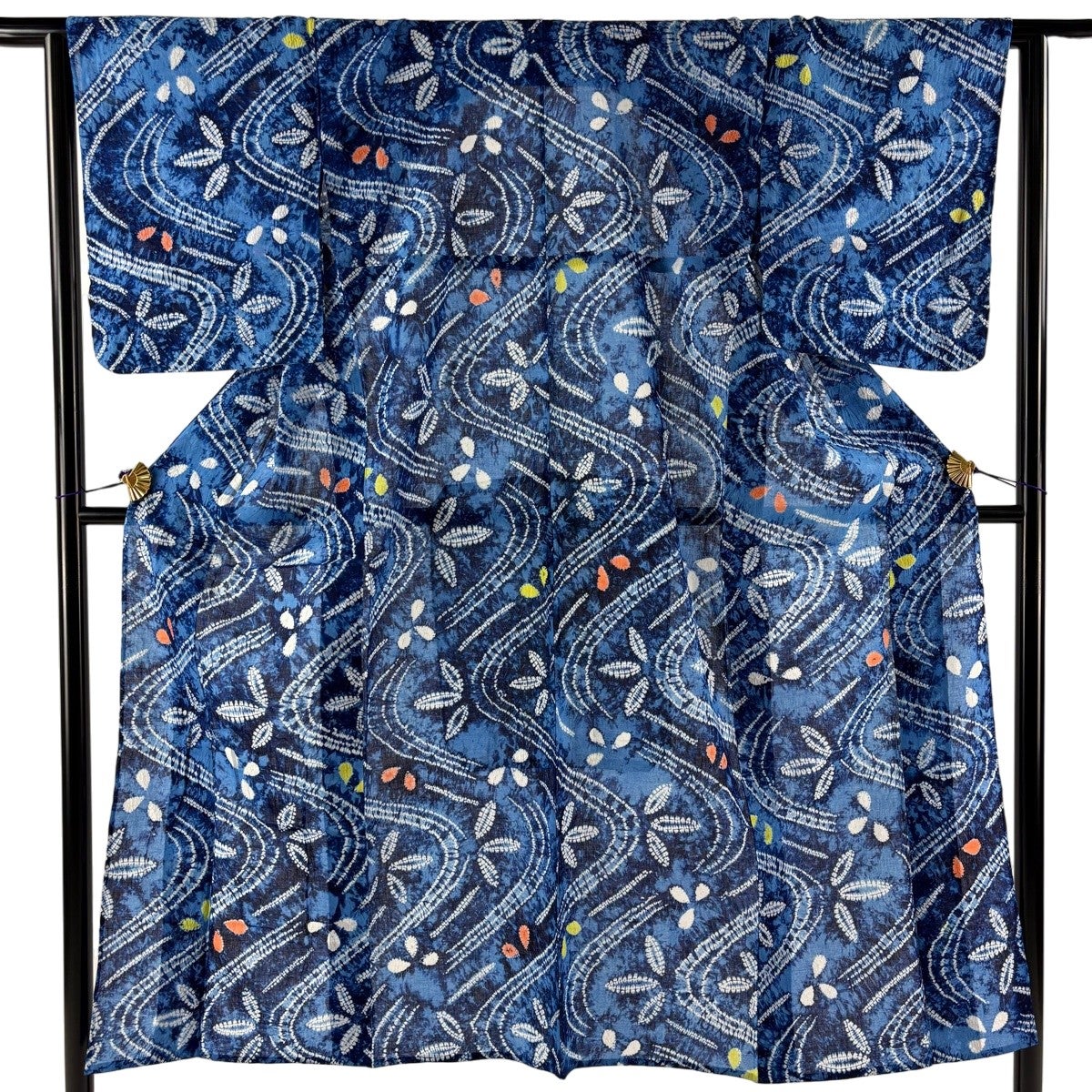 浴衣 身丈160cm 裄丈66cm M 絞り浴衣 花 斜め亀甲 青 綿 名品｜中古