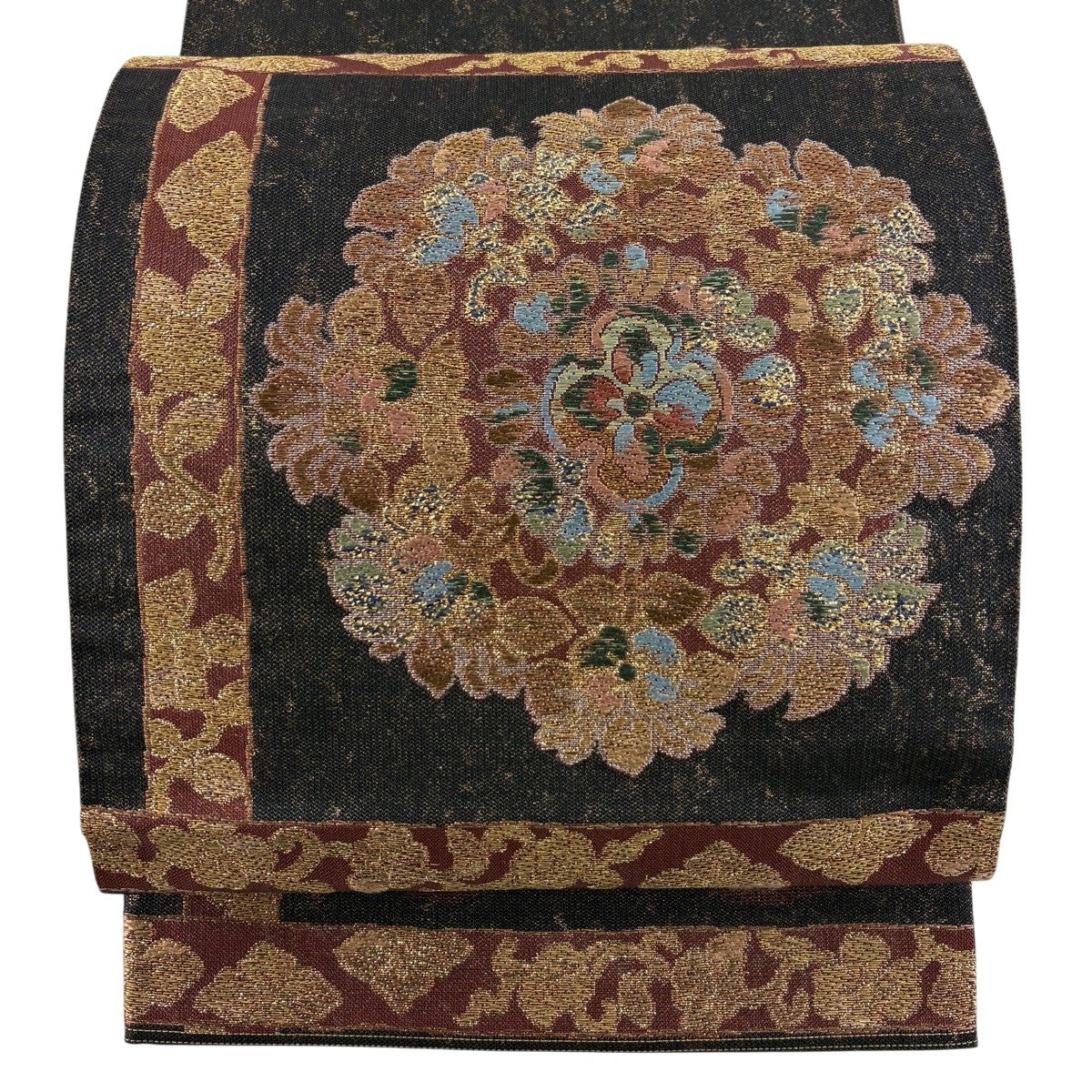 袋帯 名品 華文 花唐草 刺繍 金糸 茶色 お太鼓柄 正絹｜中古・古着