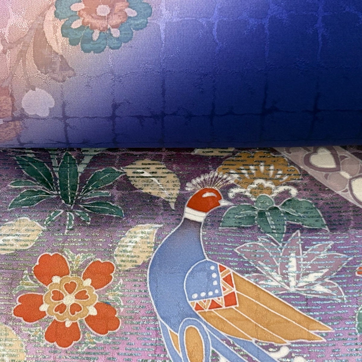 反物 秀品 草花 鳥 金銀彩 ぼかし 青紫 正絹｜中古・古着・リサイクル