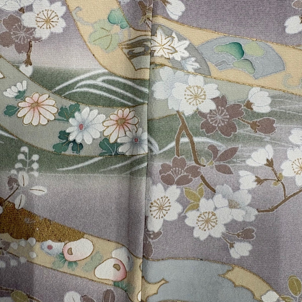 訪問着 身丈159cm 裄丈65cm M 袷 桜 鬘帯 金糸 金彩 薄紫 正絹 秀品