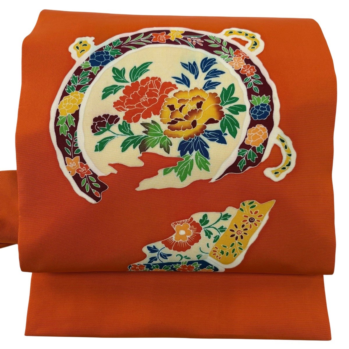 名古屋帯 優品 牡丹 草花 オレンジ 正絹|中古・古着・リサイクル着物 名古屋帯 優品 牡丹 草花 オレンジ 正絹|中古・古着・リサイクル着物