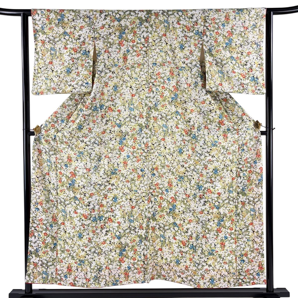 美品】 小紋 身丈155cm 裄丈62cm S 袷 やまと 草花 地紋 薄緑 正絹