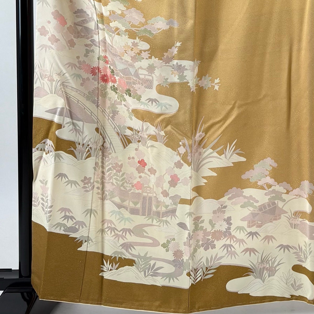 訪問着 身丈164cm 裄丈66cm M 袷 家屋 松竹梅 薄黄土色 正絹 優品