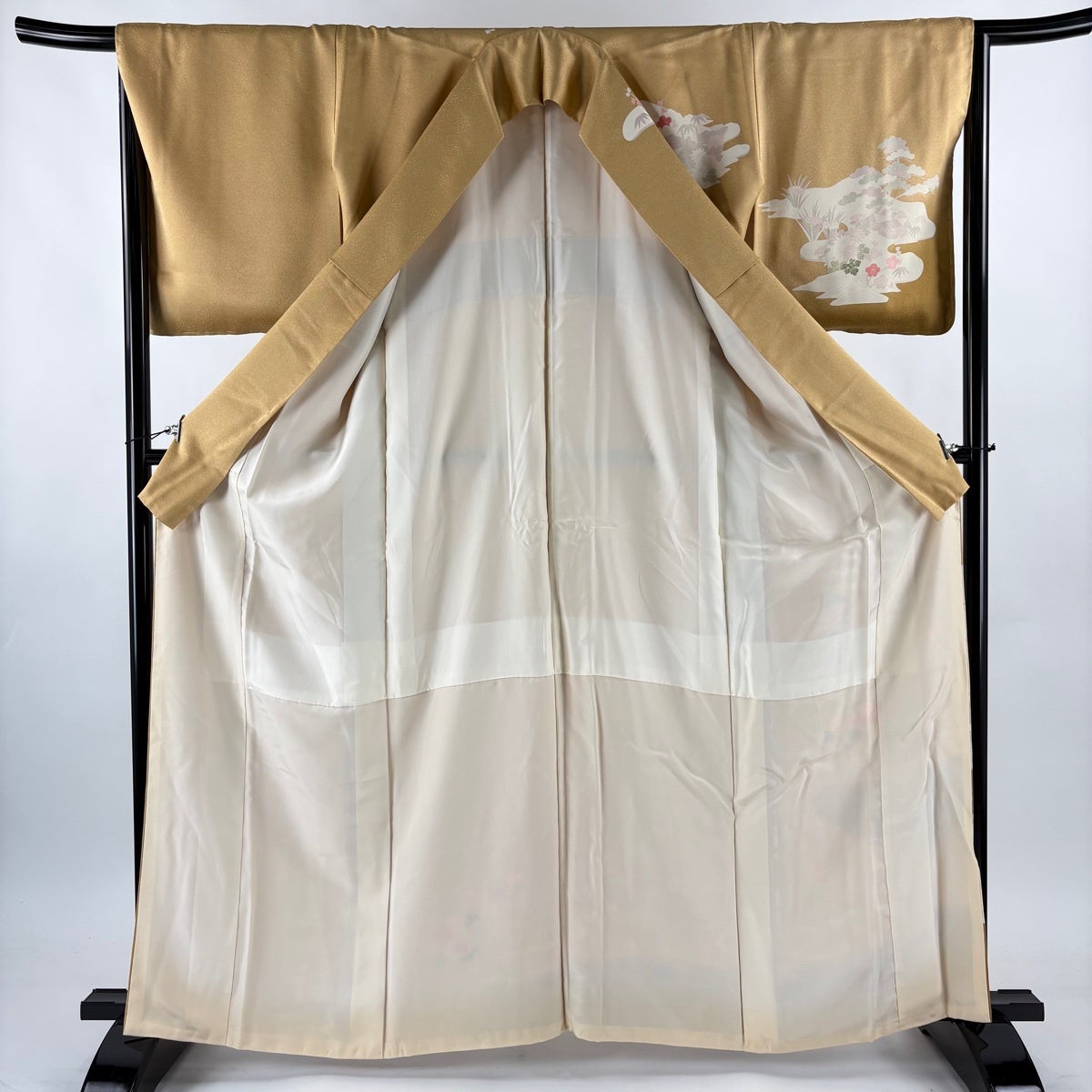 訪問着 身丈164cm 裄丈66cm M 袷 家屋 松竹梅 薄黄土色 正絹 優品