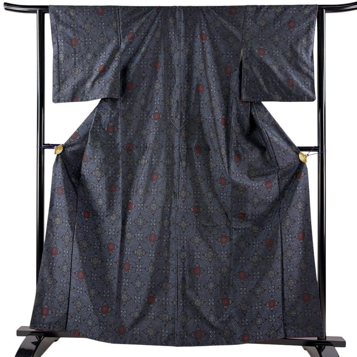 紬 身丈162cm 裄丈63cm S 袷 草花 紺色 正絹 優品｜中古・古着