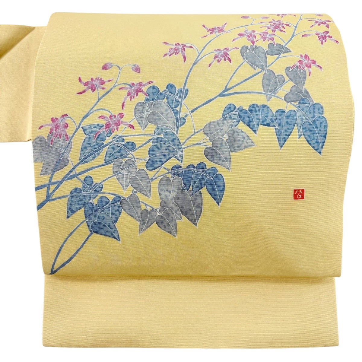 美品】 名古屋帯 秀品 落款あり 夏帯 夏紬地 草花 笹 灰白 正絹｜中古