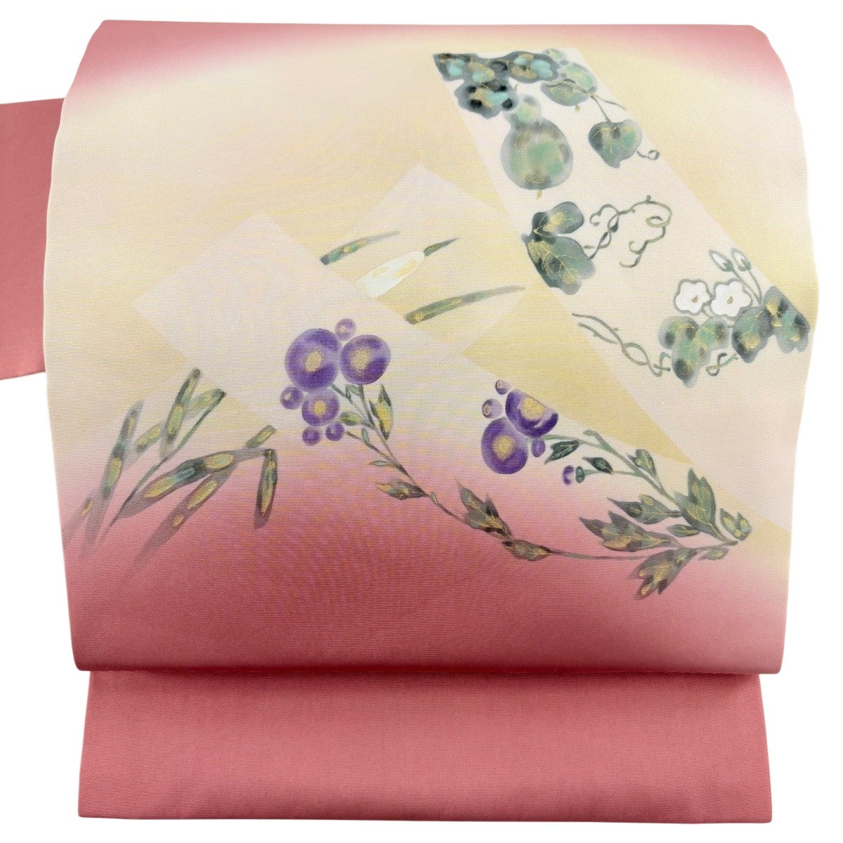 名古屋帯 秀品 落款あり 瓢箪 草花 金彩 ピンク 正絹｜中古・古着