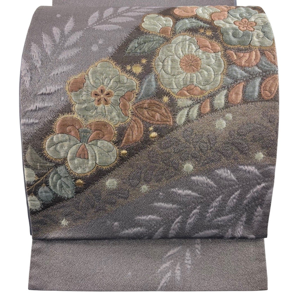 美品】 袋帯 名品 辻が花 格子 銀糸 箔 灰紫 お太鼓柄 正絹｜中古