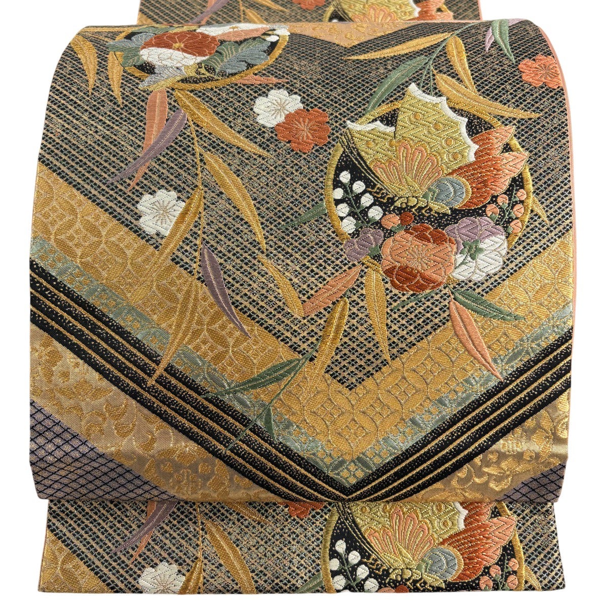 30%OFF 【美品】 袋帯 秀品 花丸文 蝶 唐織 箔 黒 六通 正絹 K30｜中古