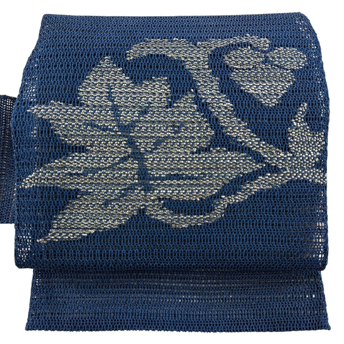 名古屋帯 秀品 夏帯 八寸名古屋帯 羅織 花唐草 箔 紺色 正絹｜中古