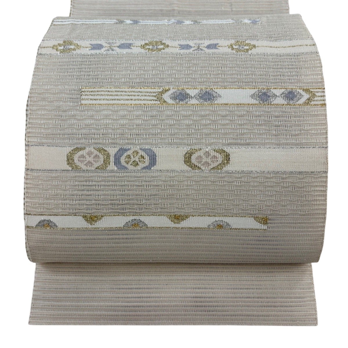 名古屋帯 秀品 夏帯 絽 草花 金銀糸 ベージュ 正絹｜中古・古着