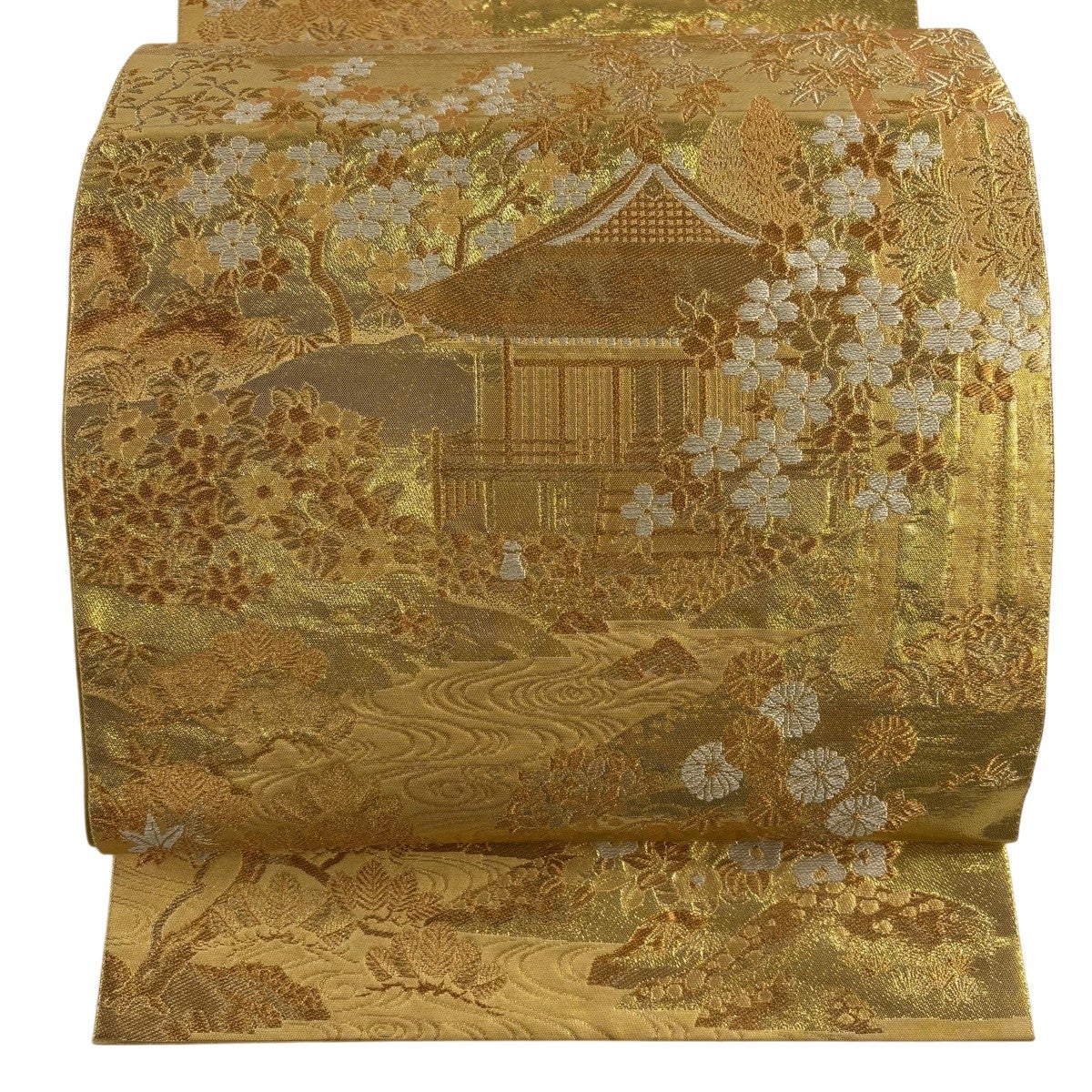 美品】 袋帯 秀品 じゅらく 落款あり 建物 風景 金糸 箔 金色 六通