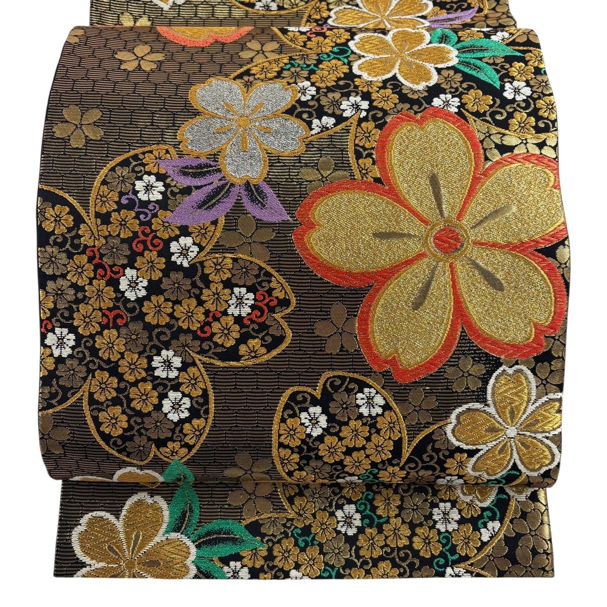 A5美品 花々 流水 葡萄 唐草唐花 華文 七宝 青海波 金糸 正絹 六通 袋帯 美品】 袋帯 秀品 桜 花唐草 金糸 箔 金色 六通 正絹｜中古・古着