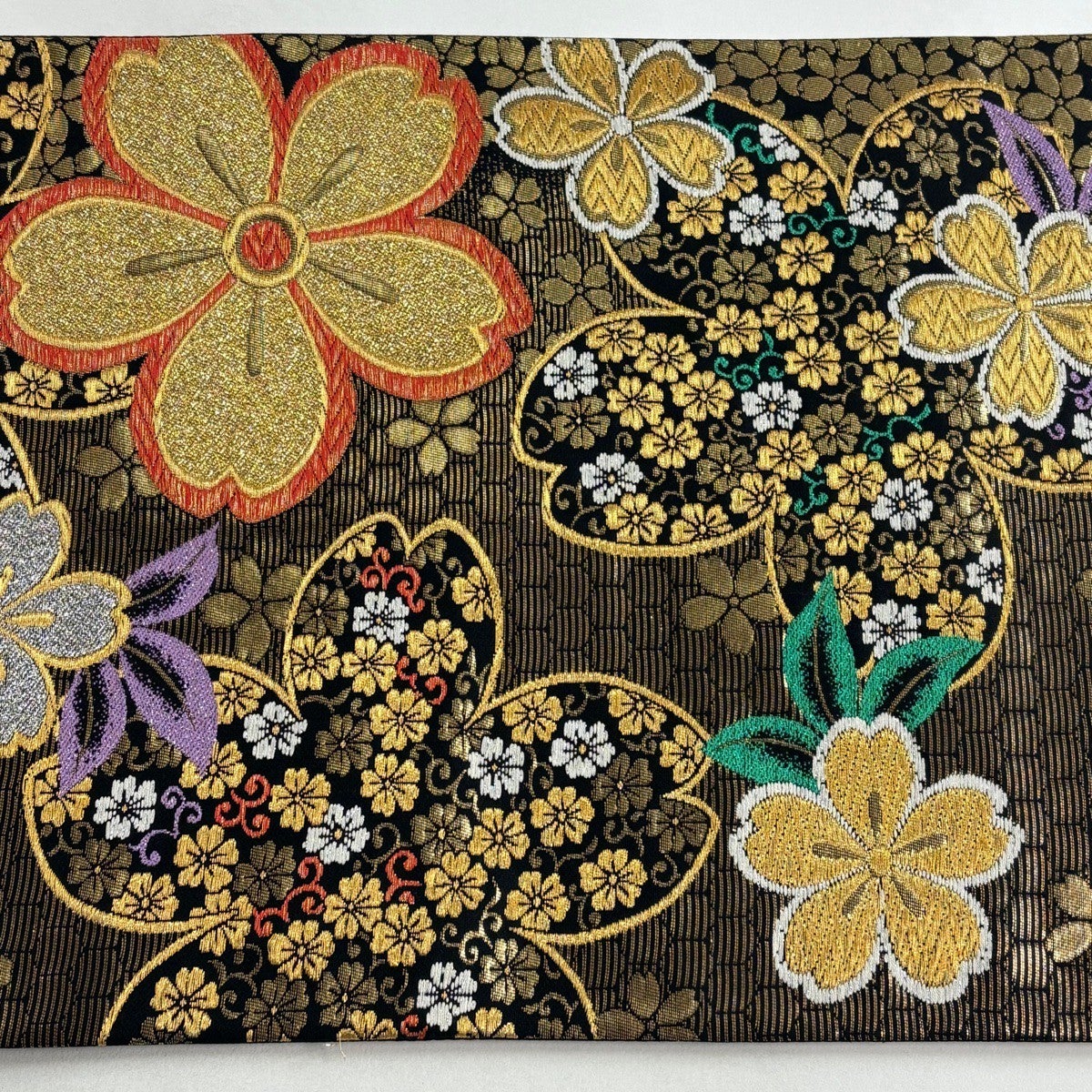 美品】 袋帯 秀品 桜 花唐草 金糸 箔 金色 六通 正絹｜中古・古着