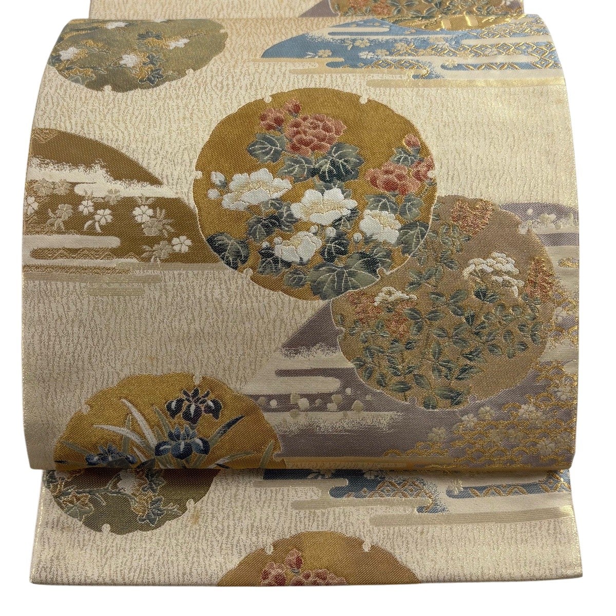 袋帯 秀品 横山清明文 雪輪 草花 金糸 箔 ベージュ 六通 正絹｜中古