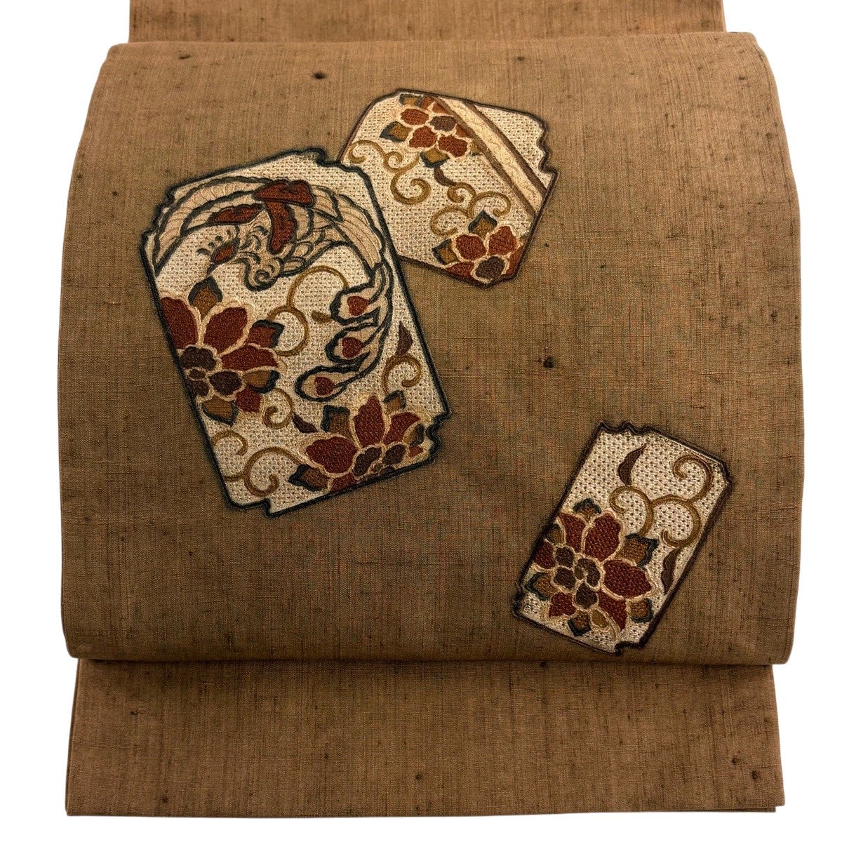 袋帯 紬地 蘇州刺繍 スワトウ刺繍 花唐草文様 正絹 茶色 お太鼓柄 カジュアル 仕立て上がり 着物帯 長さ455cm 美品 【キモノオフ野々市若松店】 000000021360_u64XRQV.jpg