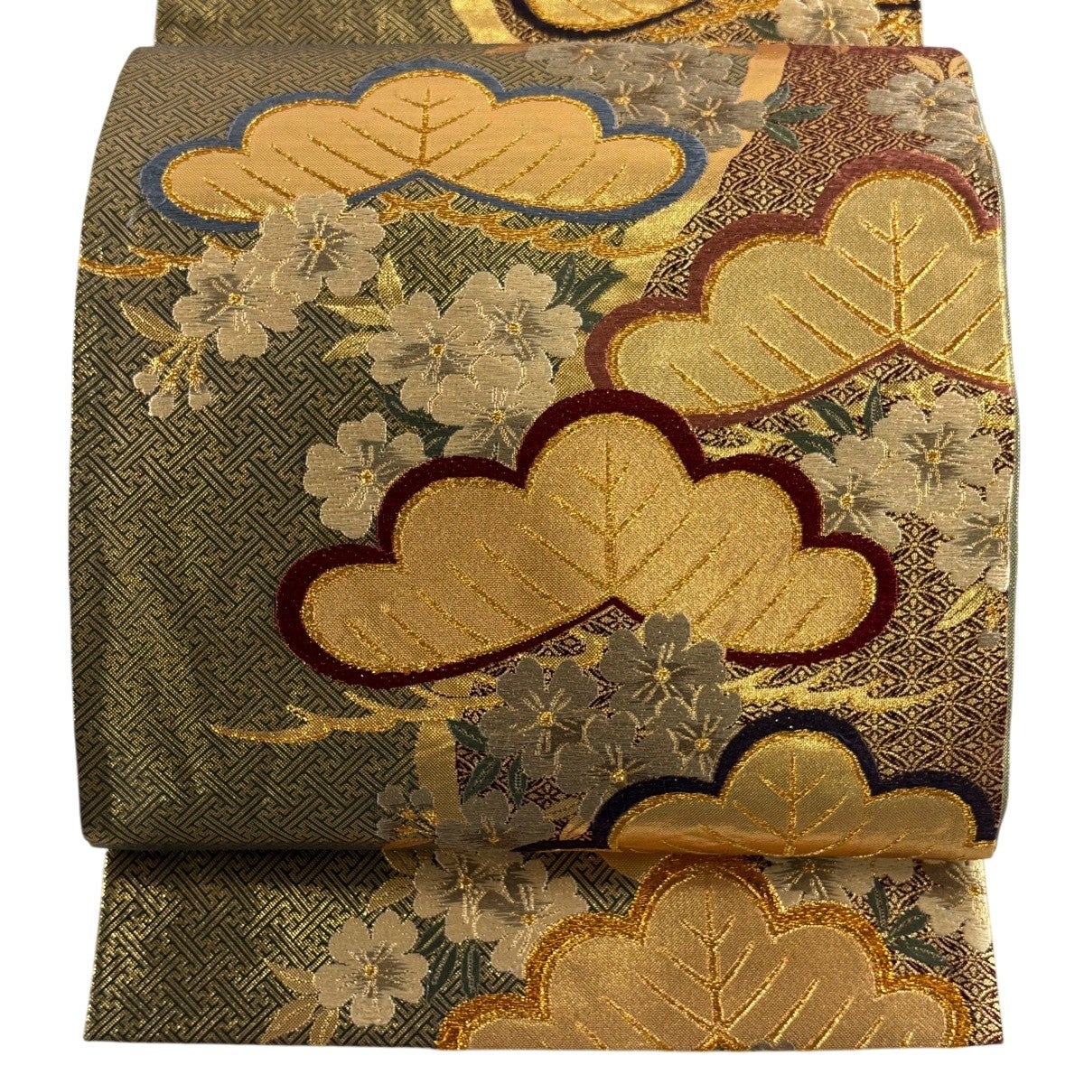 美品】 袋帯 名品 桜 笠松 唐織 箔 えんじ色 六通 正絹｜中古・古着