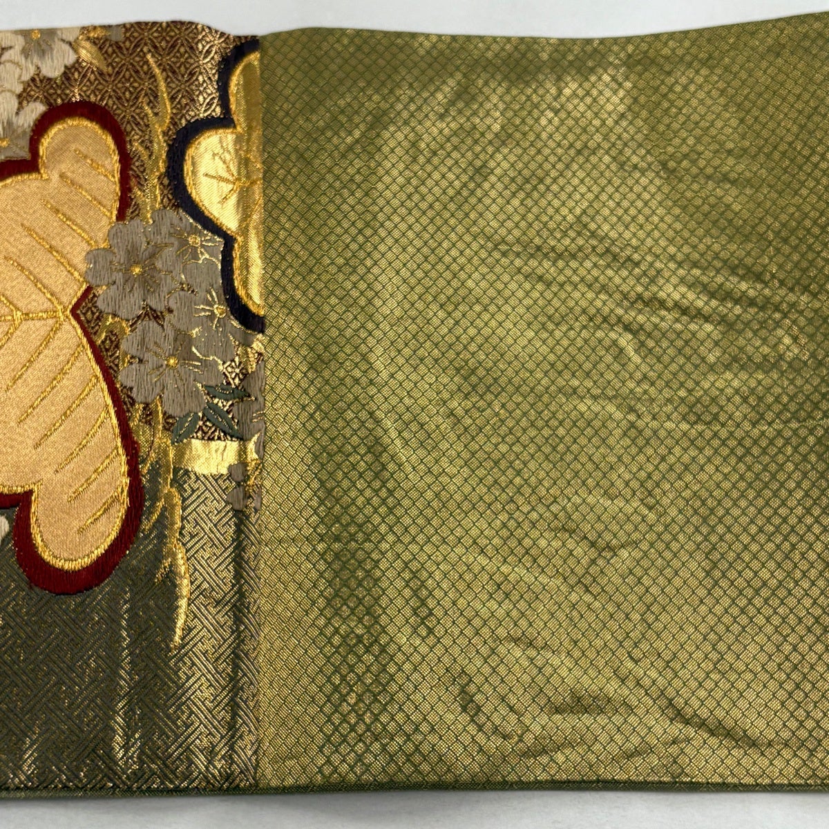 袋帯 秀品 笠松 桜 金糸 箔 灰緑 六通 正絹｜中古・古着・リサイクル