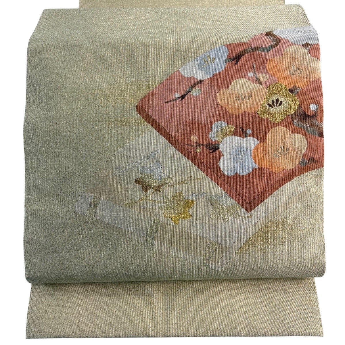 70%OFF 【美品】 名古屋帯 秀品 八寸名古屋帯 松葉仕立て 扇面 枝梅 金