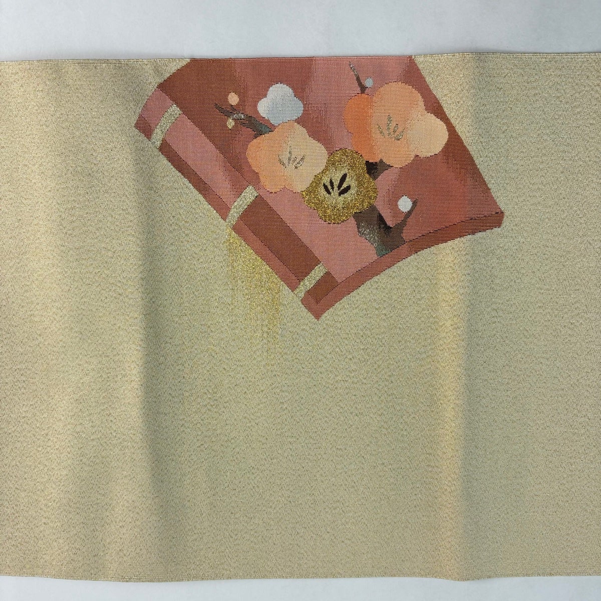 美品】 名古屋帯 秀品 八寸名古屋帯 松葉仕立て 扇面 枝梅 金銀糸 綴れ