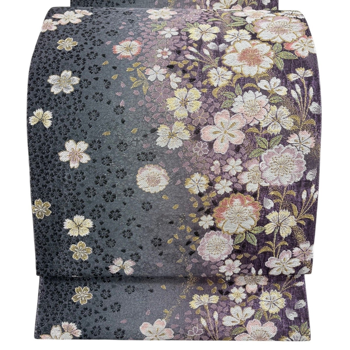 美品】 袋帯 秀品 やまと 桜 草花 金銀糸 箔 青灰色 六通 正絹｜中古