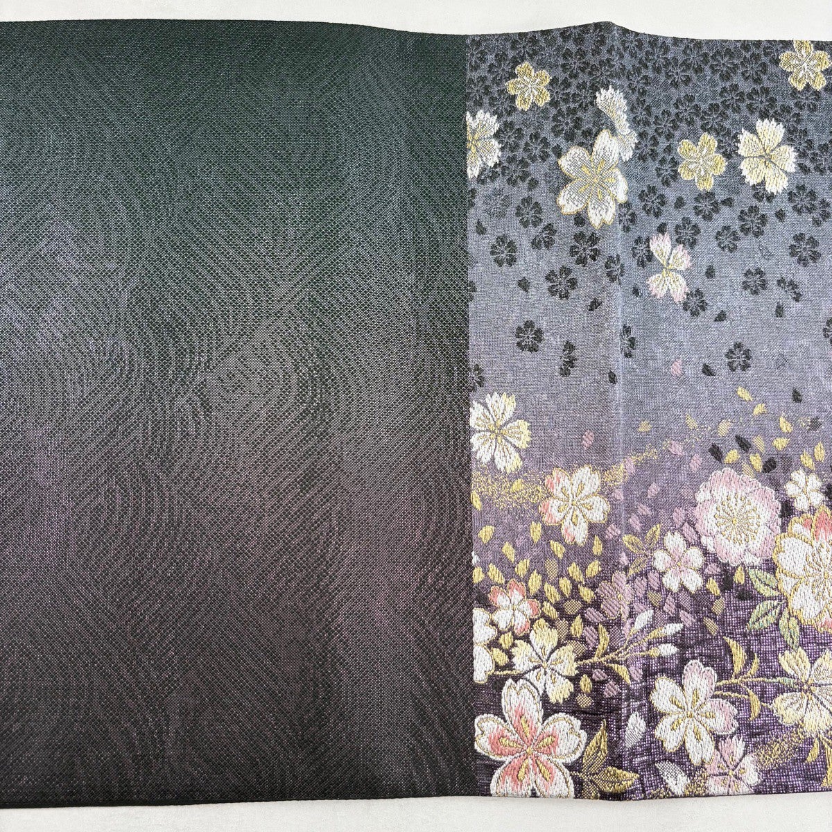 美品】 袋帯 秀品 やまと 桜 草花 金銀糸 箔 青灰色 六通 正絹｜中古
