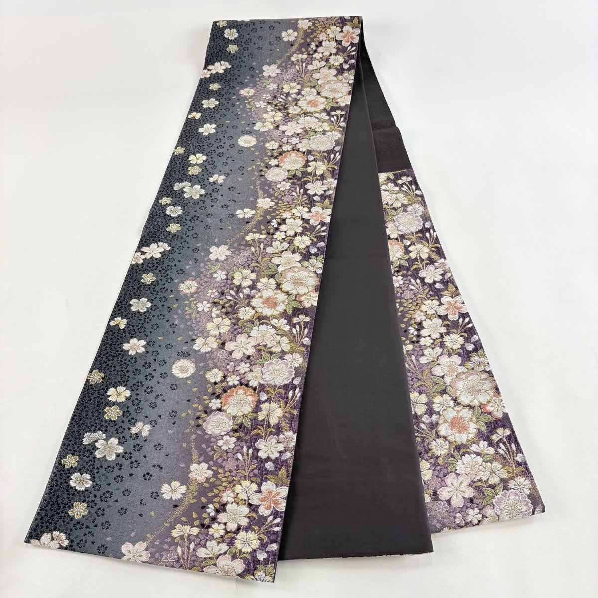 美品】 袋帯 秀品 やまと 桜 草花 金銀糸 箔 青灰色 六通 正絹｜中古