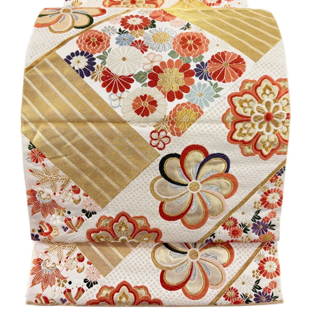 袋帯 秀品 関西仕立て 菊 華文 金銀糸 刺繍 クリーム 六通 正絹｜中古