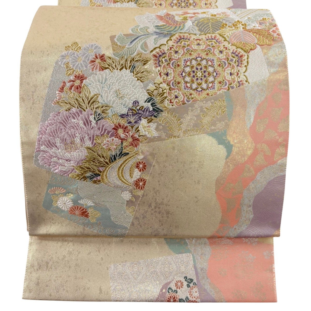 美品】 袋帯 逸品 華文 花鳥 相良刺繍 金糸 茶色 六通 正絹｜中古