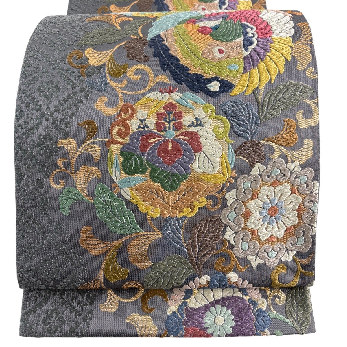 名古屋帯 優品 扇面 菊 金糸 箔 ピンクベージュ 正絹｜中古・古着