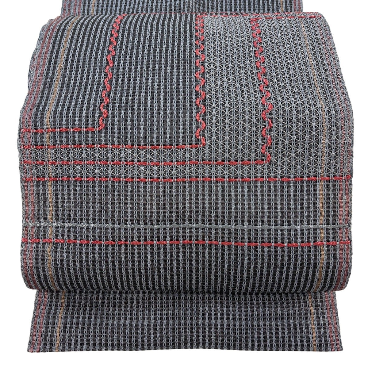 美品】 名古屋帯 秀品 八寸名古屋帯 松葉仕立て 幾何学模様 茜色 正絹