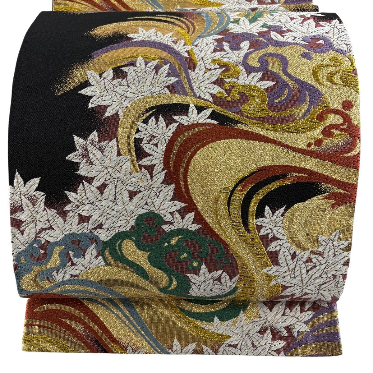 美品】 袋帯 秀品 波頭 楓 刺繍 金糸 黒 六通 正絹｜中古・古着