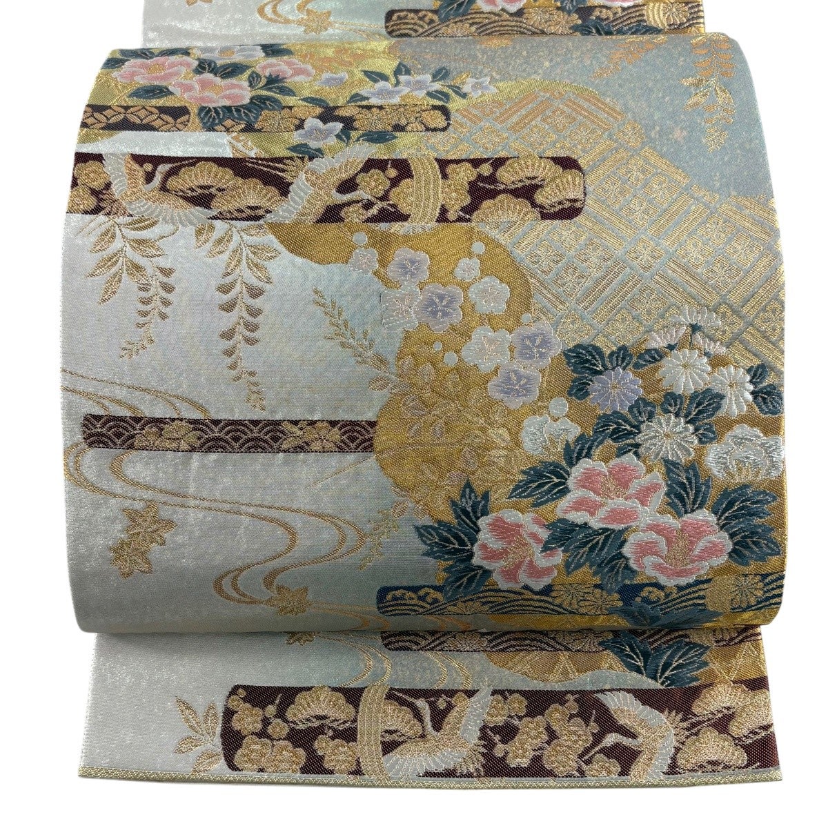 美品】 袋帯 秀品 花鳥 道長取 金糸 刺繍 銀色 六通 正絹｜中古・古着