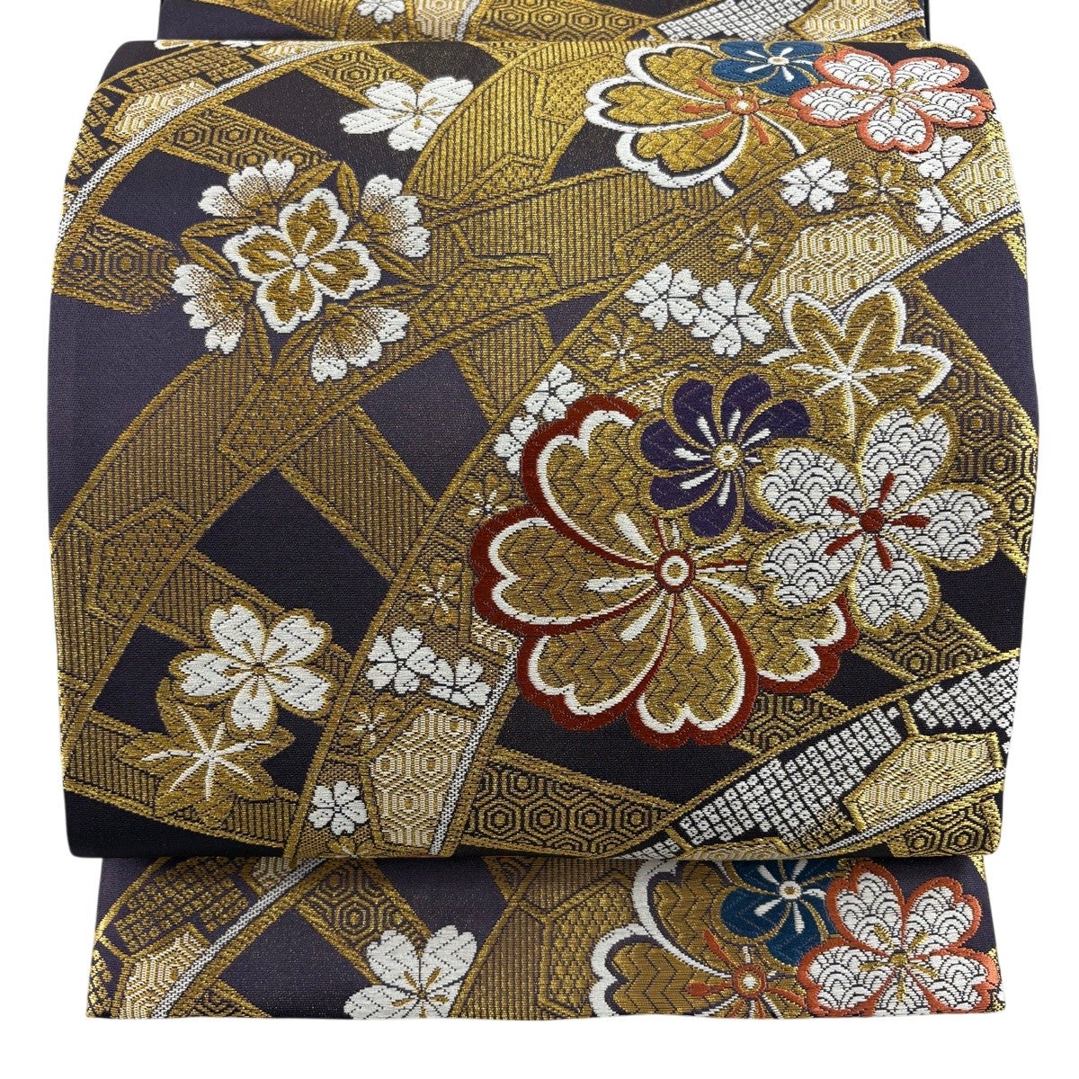 美品】 袋帯 秀品 桜 片輪車 金糸 刺繍 濃紫 六通 正絹｜中古・古着