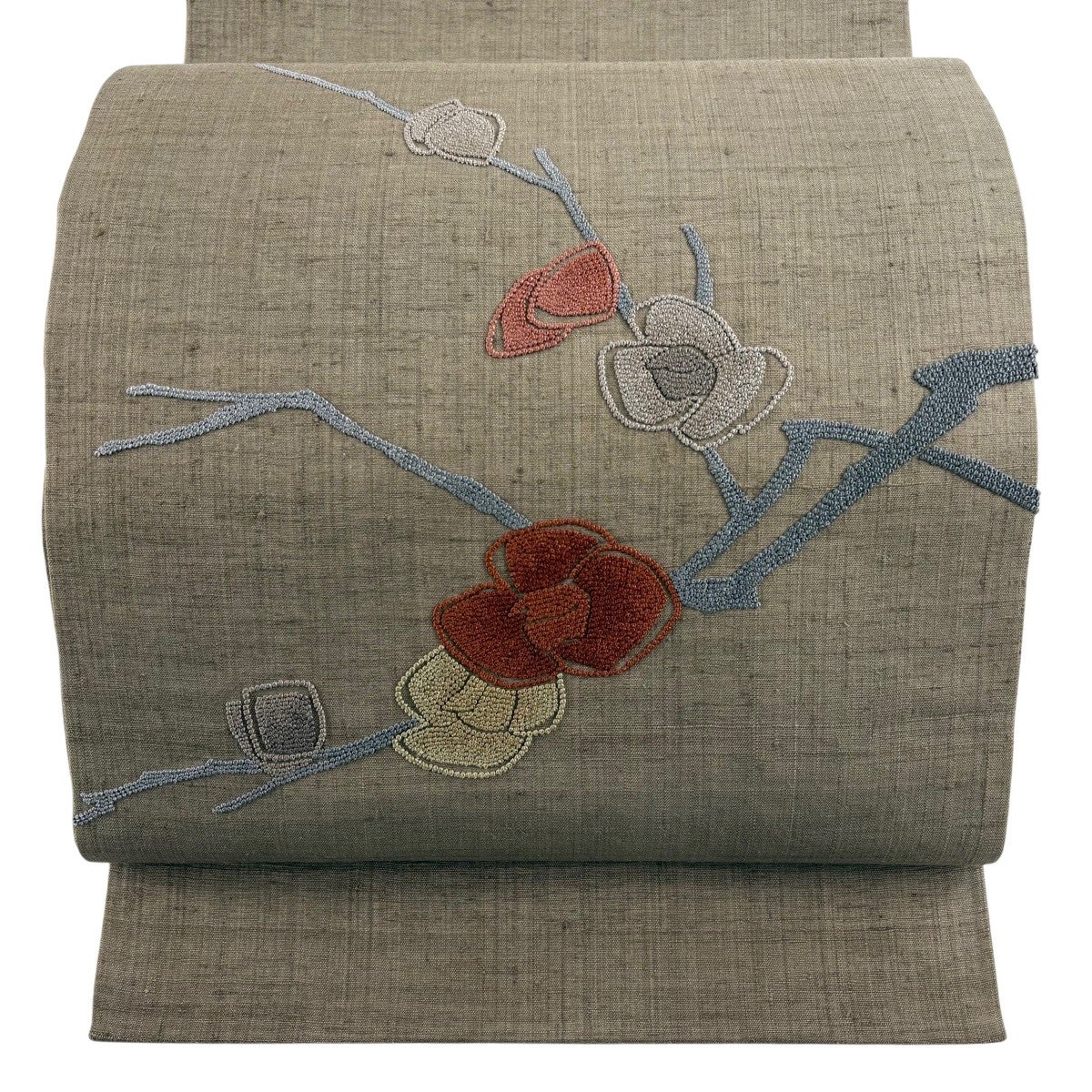 逸品　未使用品　和服帯　正絹　仙頭・相良刺繍　花模様　(紬)名古屋帯　早い者勝ち 名古屋帯 秀品 紬地 草花 霞 相良刺繍 刺繍 黄土色 正絹｜中古・古着