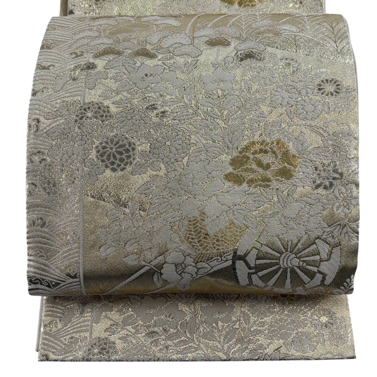 袋帯 秀品 花車 草花 本金箔 刺繍 金色 六通 正絹｜中古・古着