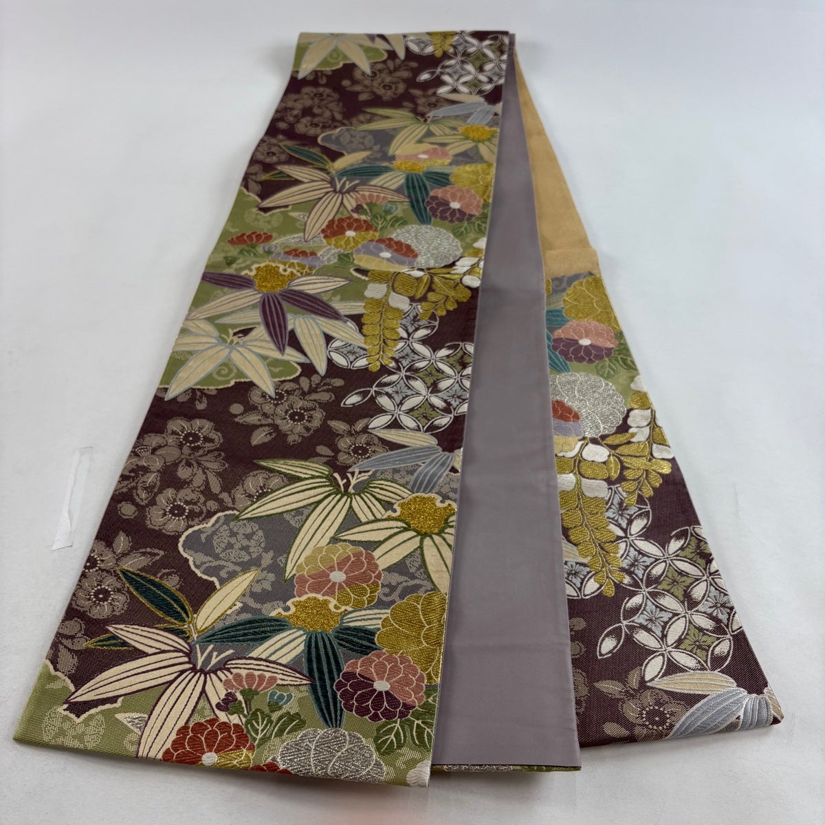 美品】 袋帯 秀品 菊 笹 金銀糸 唐織 紫 六通 正絹｜中古・古着